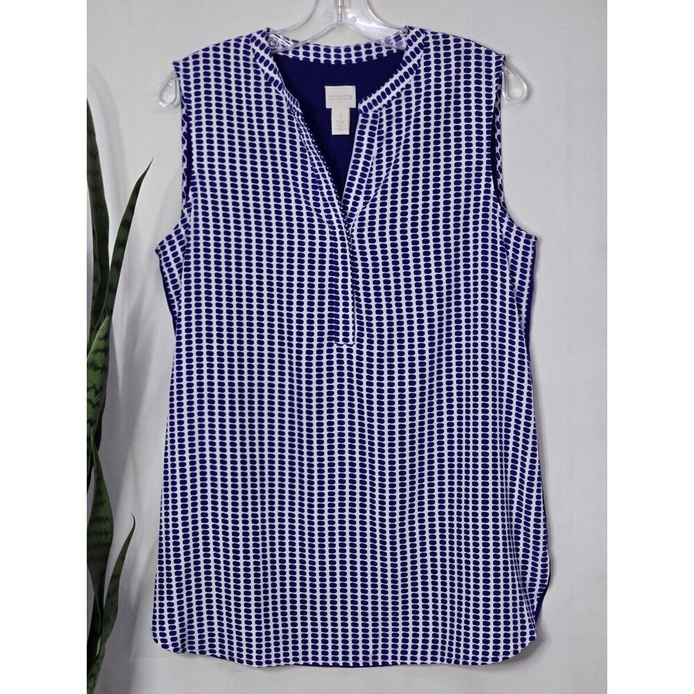 Chicos Blouse Womens 1 Sleeveless V Neck Pullover Tunic Top Blue Casual Career
